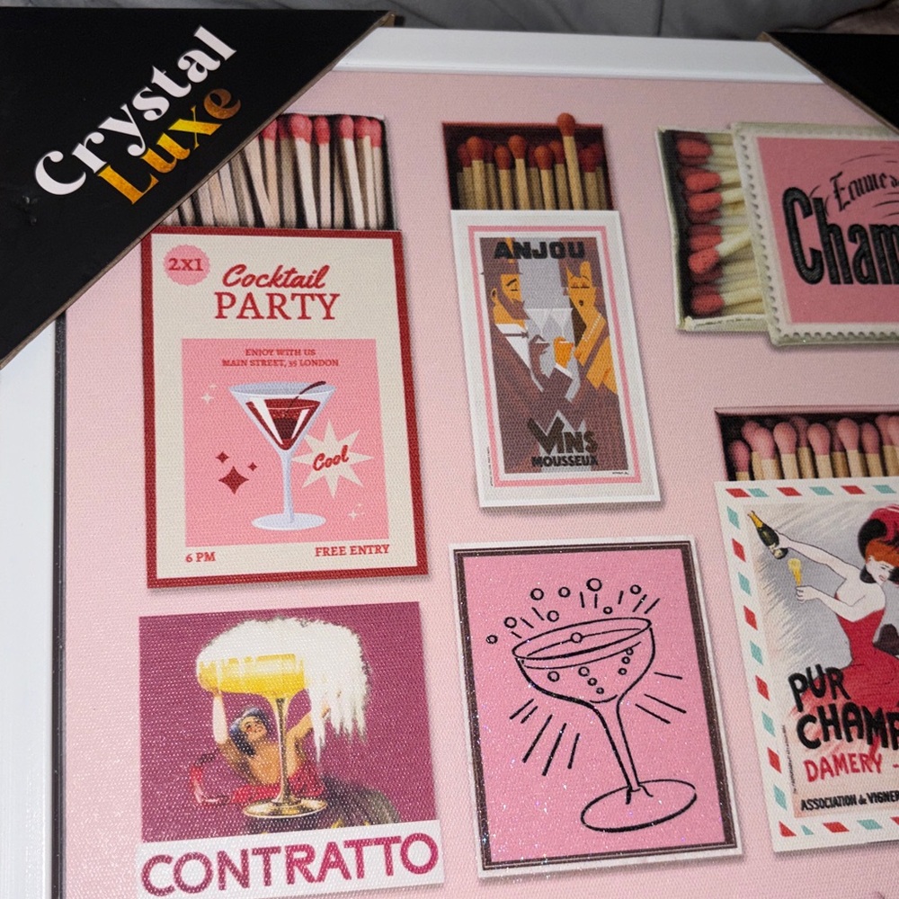 Crystal Luxe Pink Champagne & Cocktail Matchbox Wall Art NWT - Picture 8 of 11